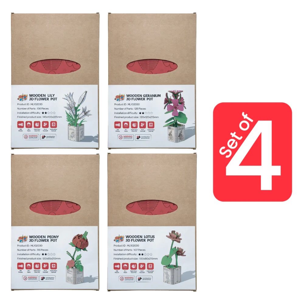 Geranium, Lily, Lotus & Peony 3D Wooden Flower Pot DIY Kit – Pack of 4 - Image 2