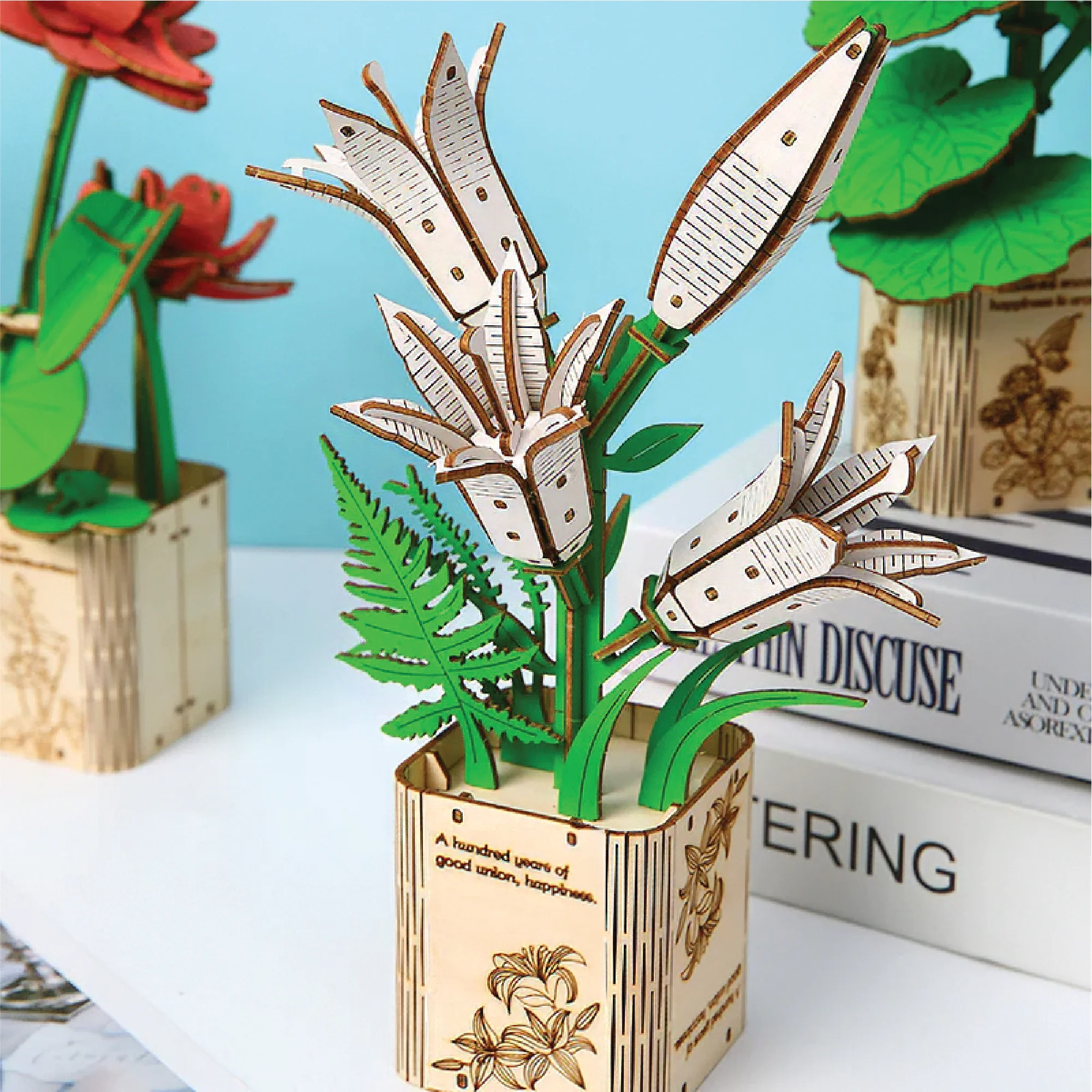 Lily,Geranium & Peony 3D Wooden Flower Pot DIY Kit – Pack of 3 - Image 4