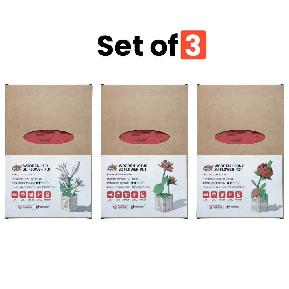 Lily, Lotus & Peony 3D Wooden Flower Pot DIY Kit – Pack of 3 - Image 2