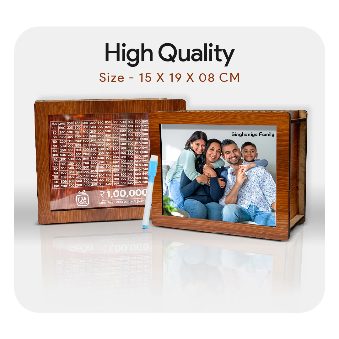 Personalised Wooden 1,00,000 Money Saving Box with Photo and Name - Image 3